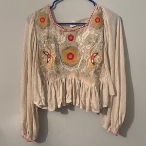 FLAWLESS Cream Blouse with Colorful Embroidery
